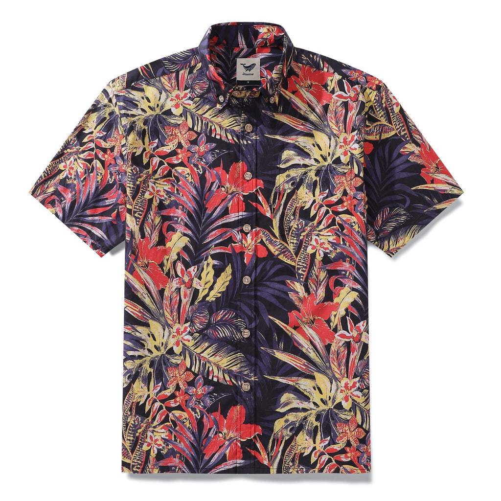 Men's Hawaiian Shirt Summer Night Print Cotton Button-down Short Sleeve Aloha Shirt