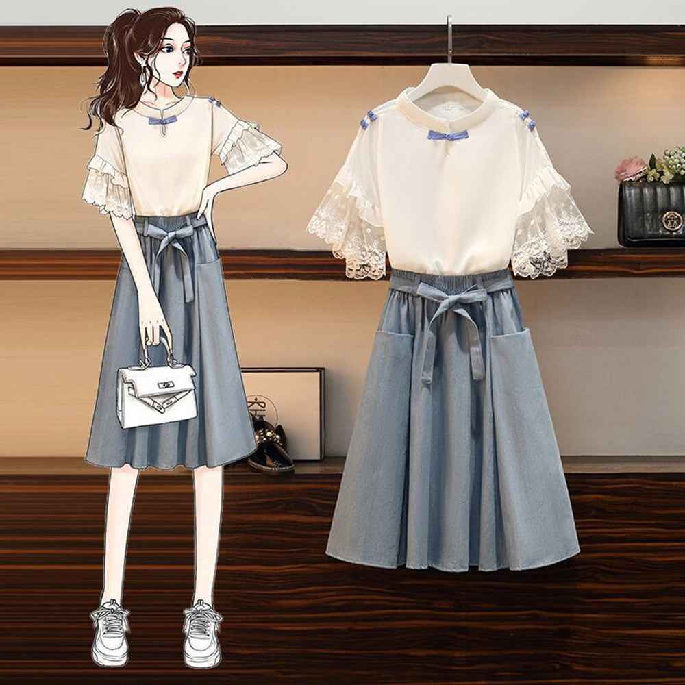 Plus Size Women's Loose And Slim Stitching Chiffon Top Suit