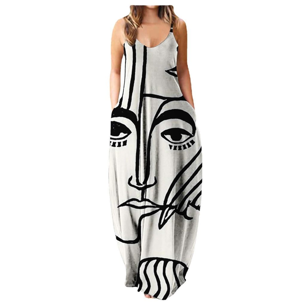 Summer Cool Strap Dress Abstract Face Style Digital Printing Elegant Street Dress