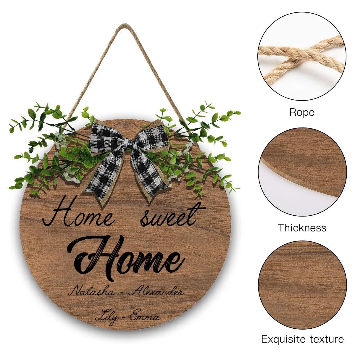 Home Sweet Home Round Wooden Sign — Personalized with Your Names - With Linen Lanyard, Bow & Branch