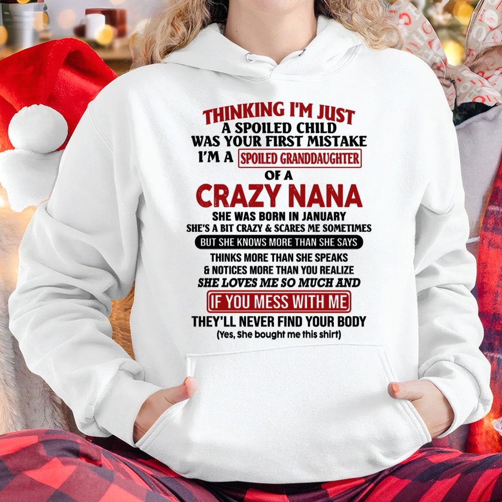 SPOILED GRANDDAUGHTER OF A CRAZY NANA T-SHIRT January Edition - From grandma to granddaughter - NGHL01 (SKU07-129-01)