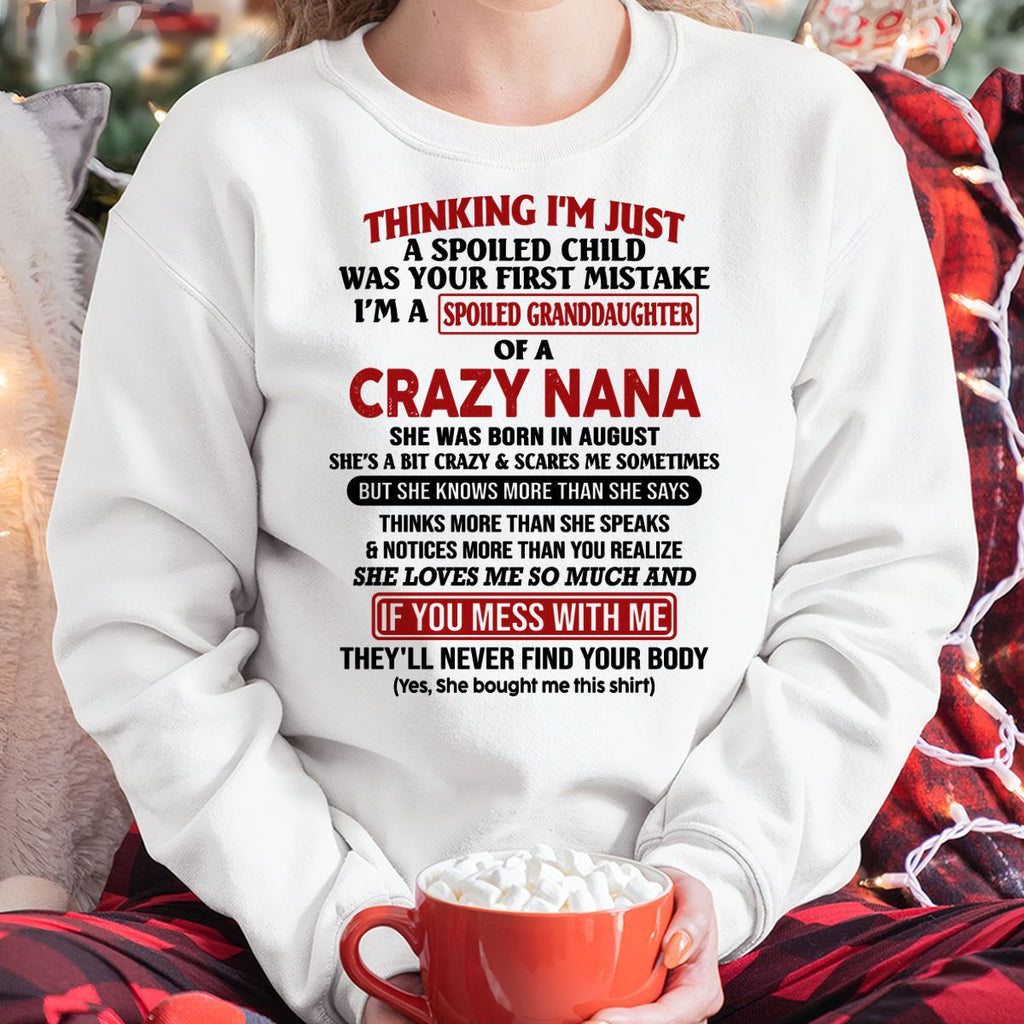 SPOILED GRANDDAUGHTER OF A CRAZY NANA T-SHIRT August Edition – From grandma to granddaughter – From grandma to granddaughter- NTT08 (SKU07-129-08)