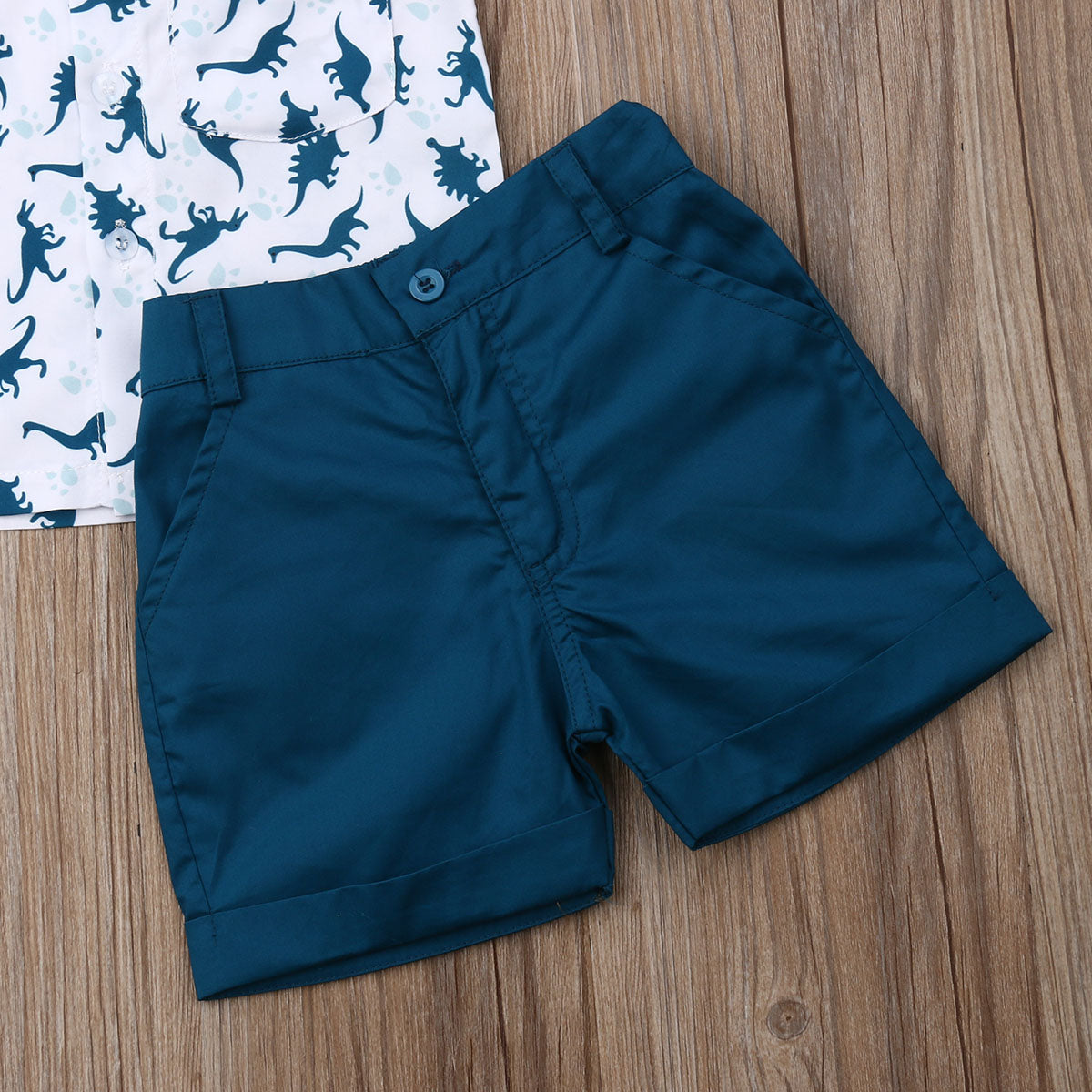 Summer Cartoon Dinosaur Print Short-sleeved Shirt Top Solid Color Two-piece Suit