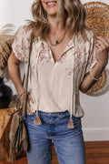 Louisa Embroidered Short Sleeve Tassel Tied Blouse