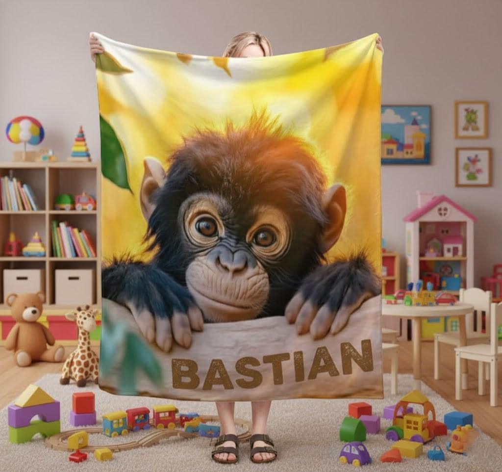 Personalized Baby Chimpanzee Blanket: Jungle Nursery Throw, Super Soft Name Gift