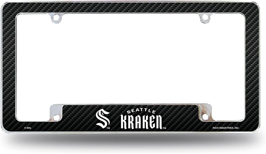 Seattle Kraken Metal License Plate Frame Chrome Tag Cover Carbon Fiber Design 6x12 Inch