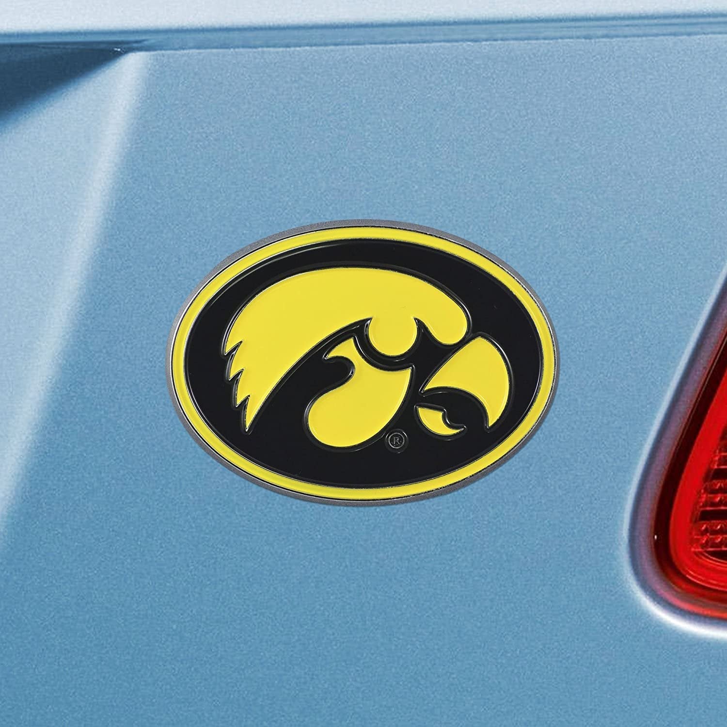 University of Iowa Hawkeyes Premium Solid Metal Raised Auto Emblem, Team Color, Shape Cut, Adhesive Backing