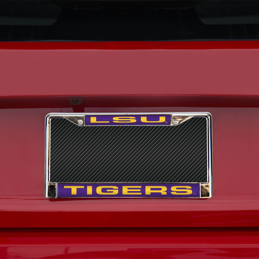 Louisiana State University Tigers LSU Metal License Plate Frame Chrome Tag Cover, Laser Acrylic Mirrored Inserts, 12x6 Inch