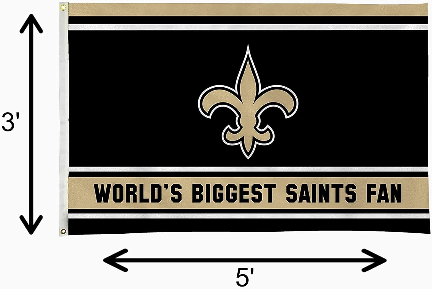 New Orleans Saints 3x5 Feet Flag Banner, World's Biggest Fan, Metal Grommets, Single Sided, Indoor or Outdoor Use