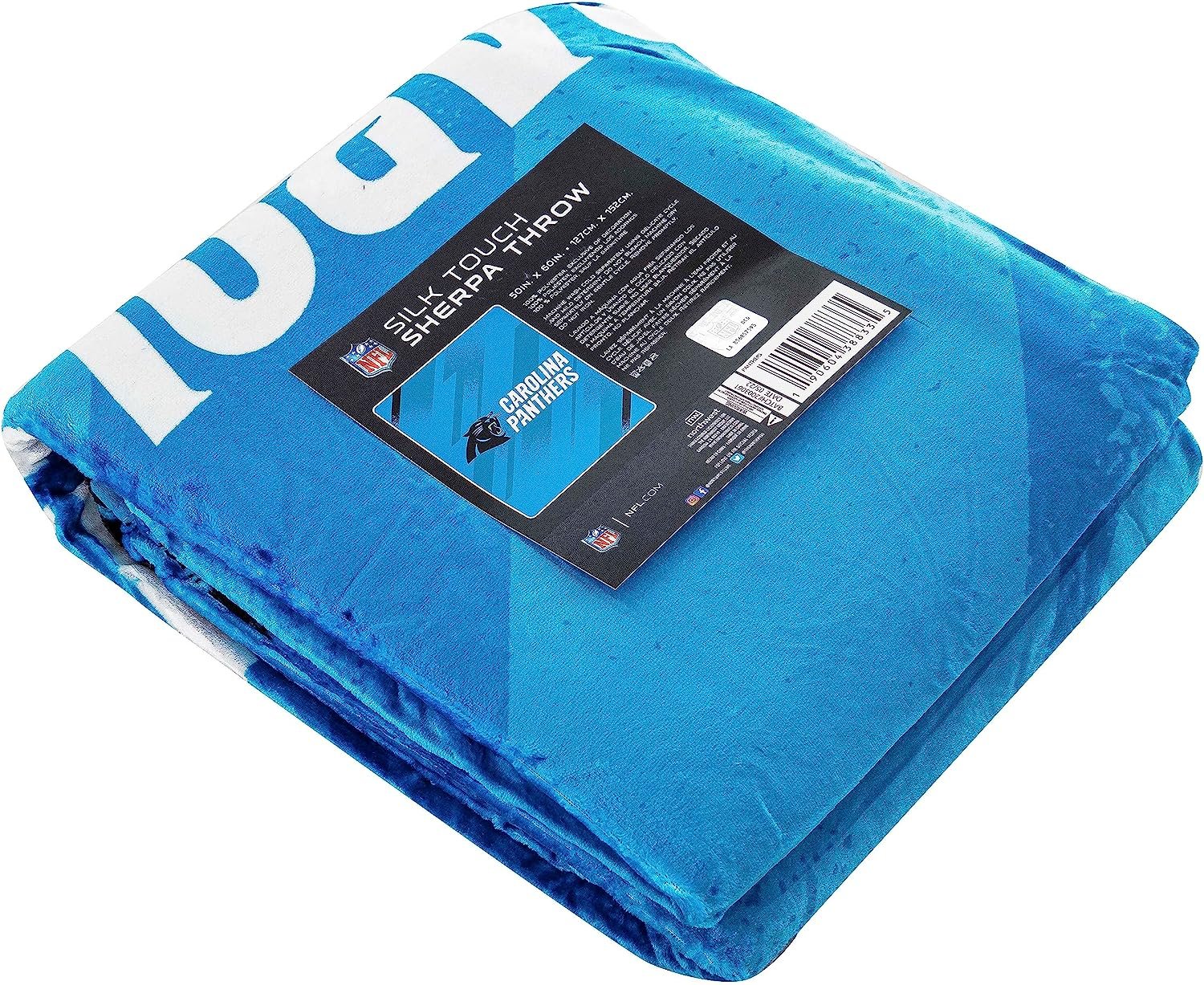 Carolina Panthers Throw Blanket, Sherpa Raschel Polyester, Silk Touch Style, Velocity Design, 50x60 Inch