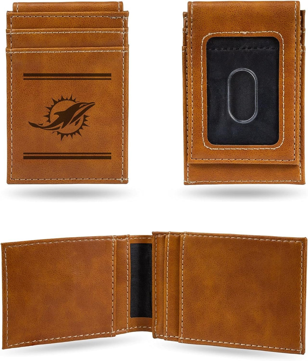 Rico Industries NFL Miami Dolphins Premium Laser Engraved Vegan Brown Leather Front Pocket Wallet - Compact and Slim yet Sturdy Design - Perfect to Show Your Team Pride or Gift
