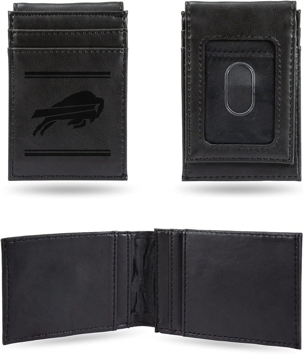Buffalo Bills Premium Black Leather Wallet, Front Pocket Magnetic Money Clip, Laser Engraved, Vegan