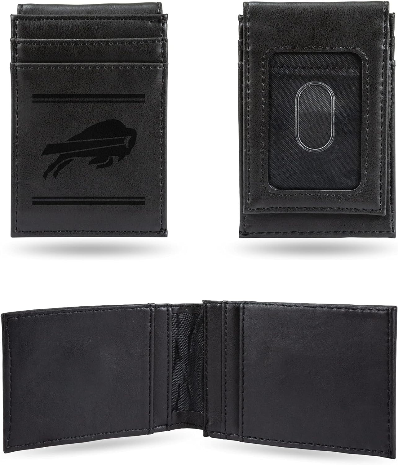 Buffalo Bills Premium Black Leather Wallet, Front Pocket Magnetic Money Clip, Laser Engraved, Vegan