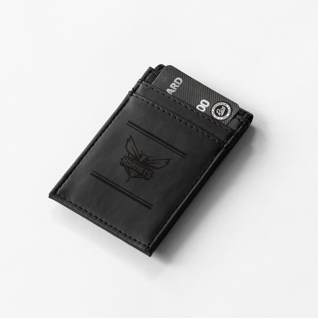 Charlotte Hornets Premium Black Leather Wallet, Front Pocket Magnetic Money Clip, Laser Engraved, Vegan