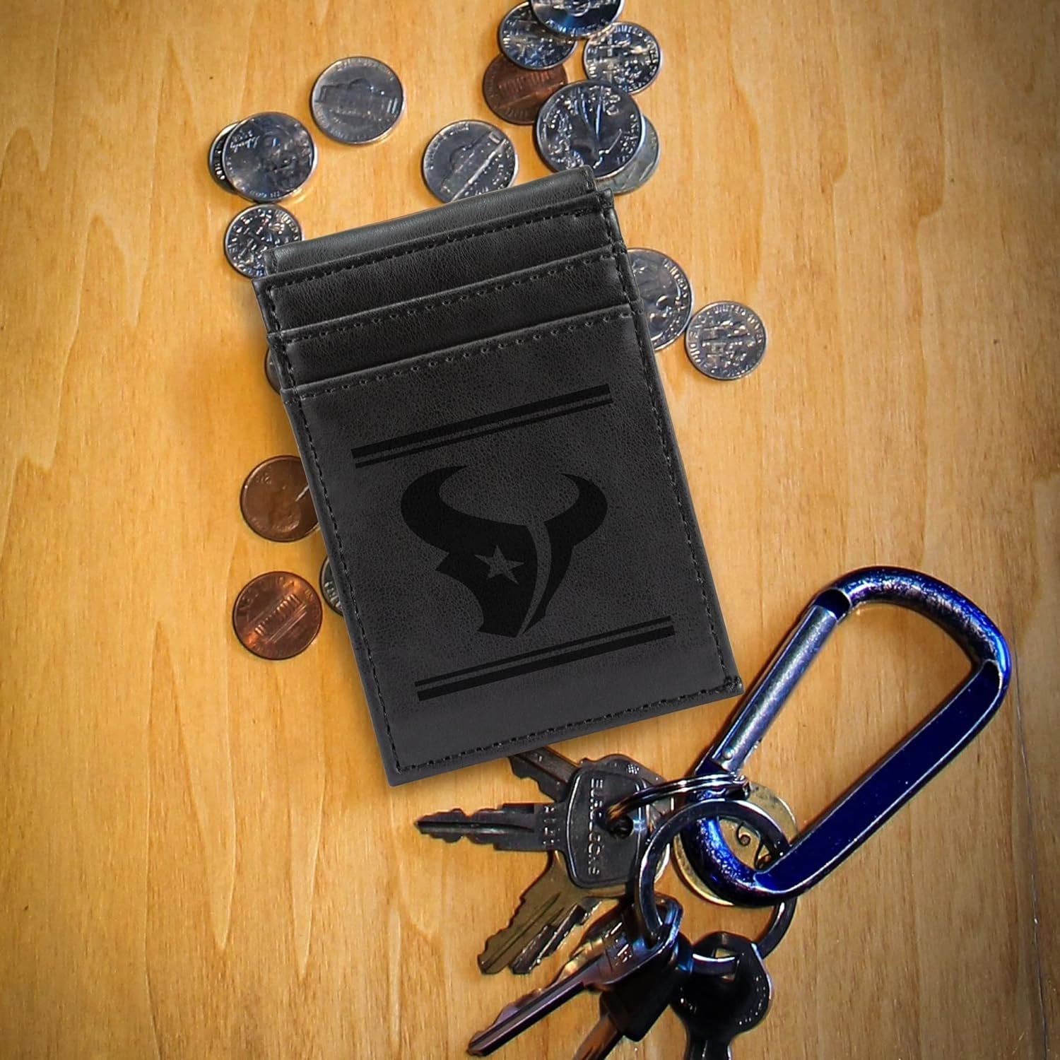 Houston Texans Premium Black Leather Wallet, Front Pocket Magnetic Money Clip, Laser Engraved, Vegan