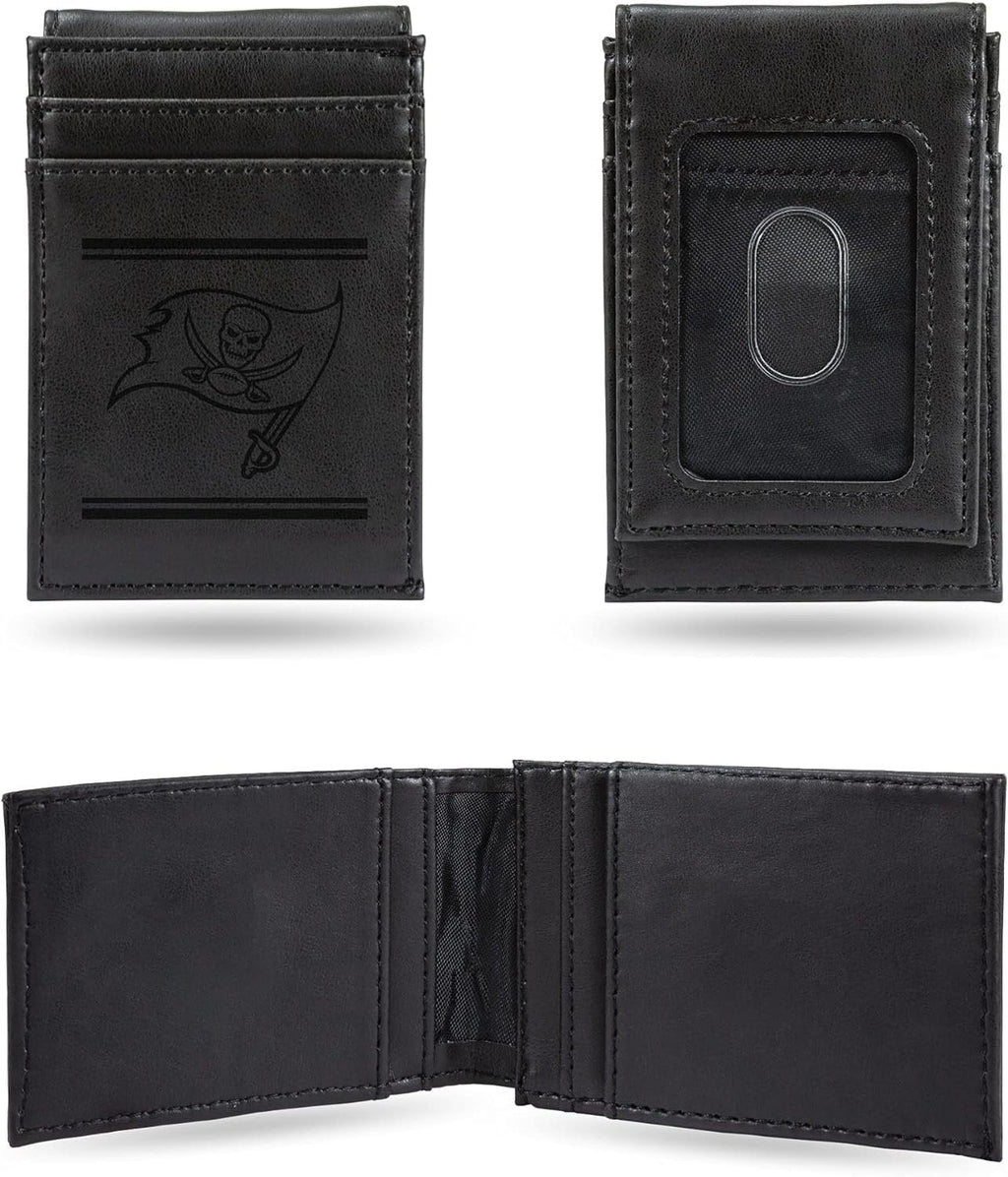 Tampa Bay Buccaneers Premium Black Leather Wallet, Front Pocket Magnetic Money Clip, Laser Engraved, Vegan