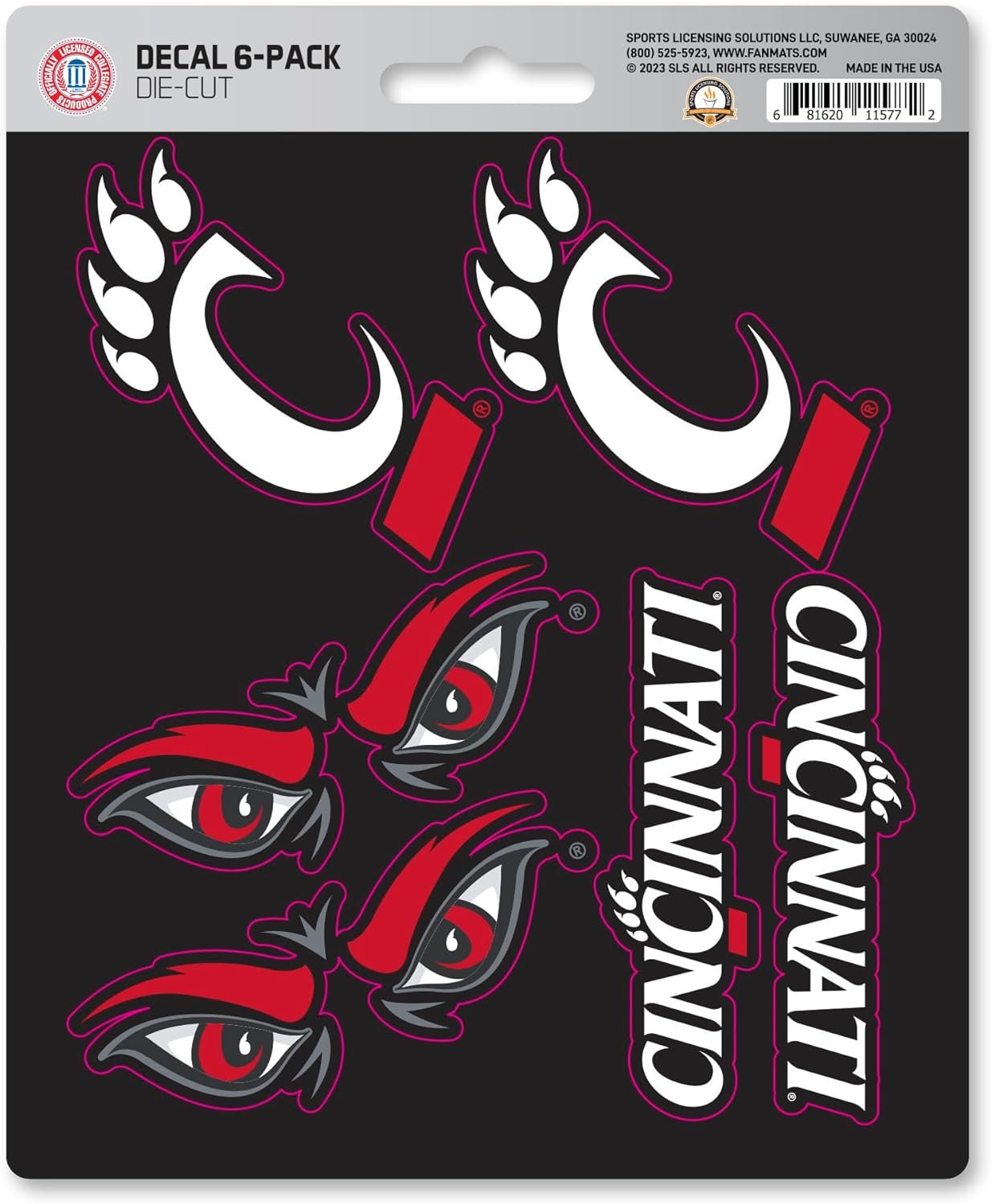 University of Cincinnati Bearcats 6-Piece Decal Sticker Set, 5x6 Inch Sheet, Gift for football fans for any hard surfaces around home, automotive, personal items