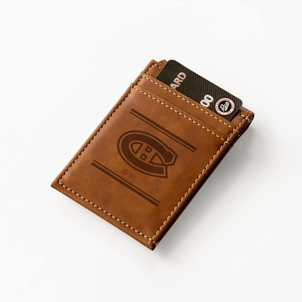 Montreal Canadiens Premium Brown Leather Wallet, Front Pocket Magnetic Money Clip, Laser Engraved, Vegan