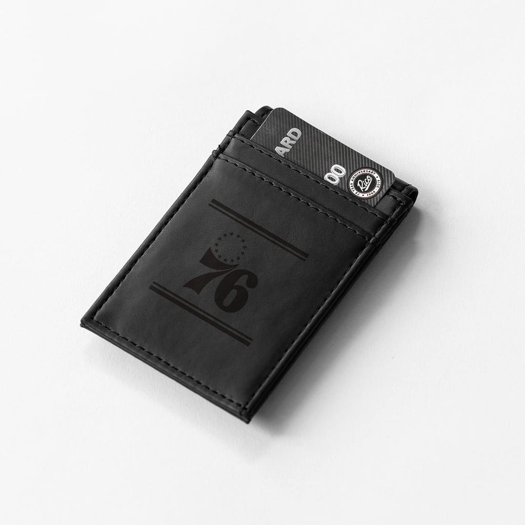 Philadelphia 76ers Premium Black Leather Wallet, Front Pocket Magnetic Money Clip, Laser Engraved, Vegan