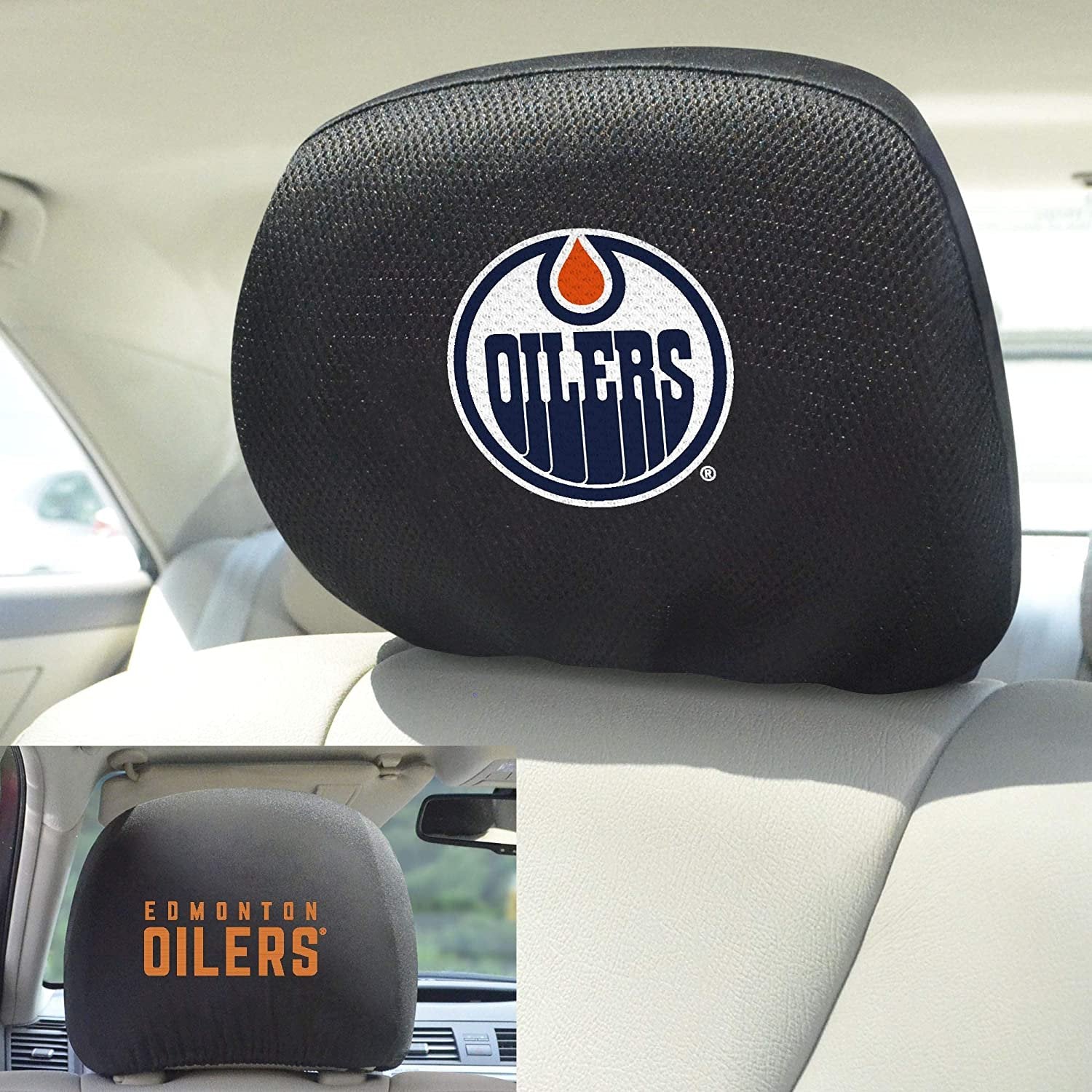 Edmonton Oilers Pair of Premium Auto Head Rest Covers, Embroidered, Black Elastic, 14x10 Inch
