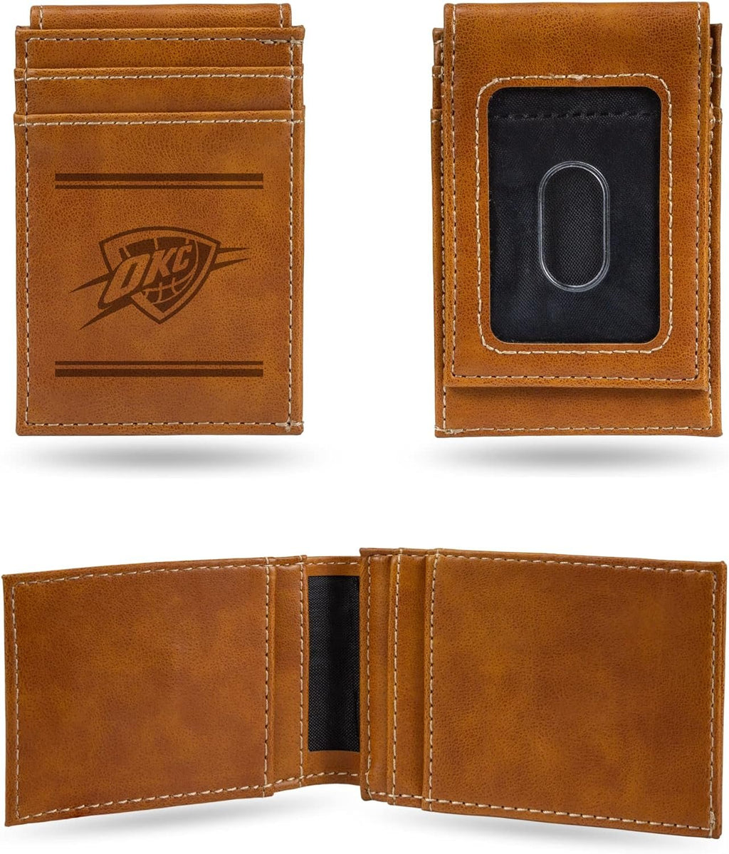 Rico Industries NBA Oklahoma City Thunder Premium Laser Engraved Vegan Brown Leather Front Pocket Wallet - Compact and Slim Yet Sturdy Design - Perfect to Show Your Team Pride or Gift