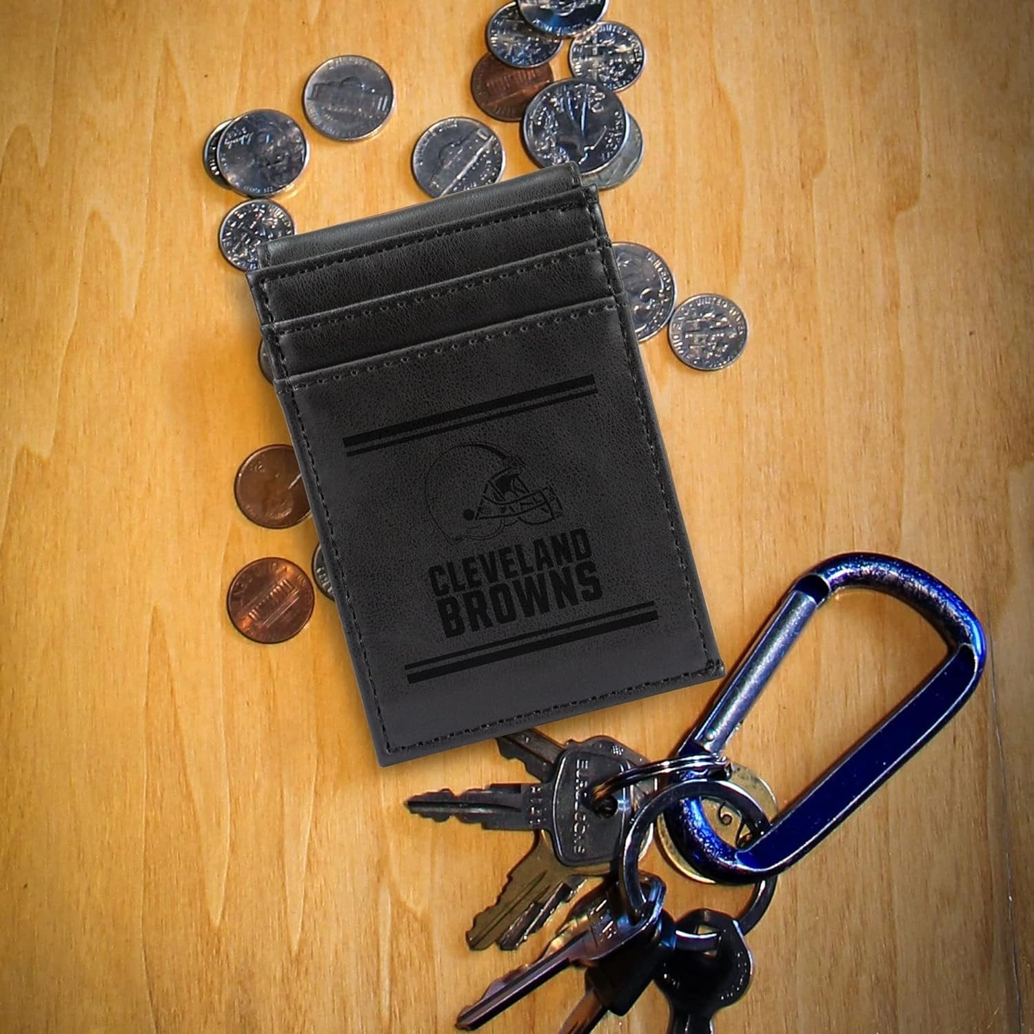 Cleveland Browns Premium Black Leather Wallet, Front Pocket Magnetic Money Clip, Laser Engraved, Vegan