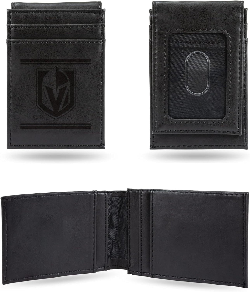 Vegas Golden Knights Premium Black Leather Wallet, Front Pocket Magnetic Money Clip, Laser Engraved, Vegan