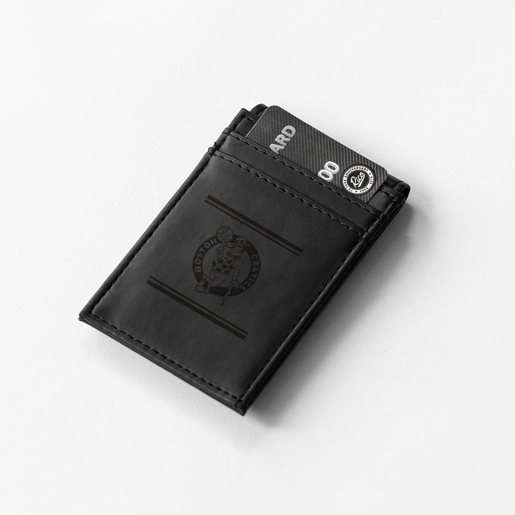 Boston Celtics Premium Black Leather Wallet, Front Pocket Magnetic Money Clip, Laser Engraved, Vegan