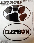 Clemson University Tigers 2-Piece White and Clear Euro Decal Sticker Set, 4x2.5 Inch Each