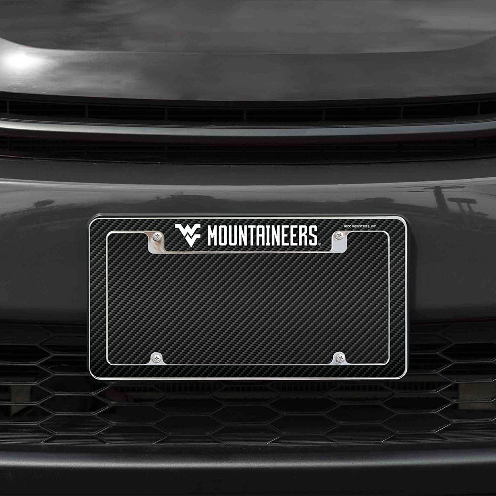 West Virginia University Mountaineers Metal License Plate Frame Chrome Tag Cover Carbon Fiber Design 6x12 Inch