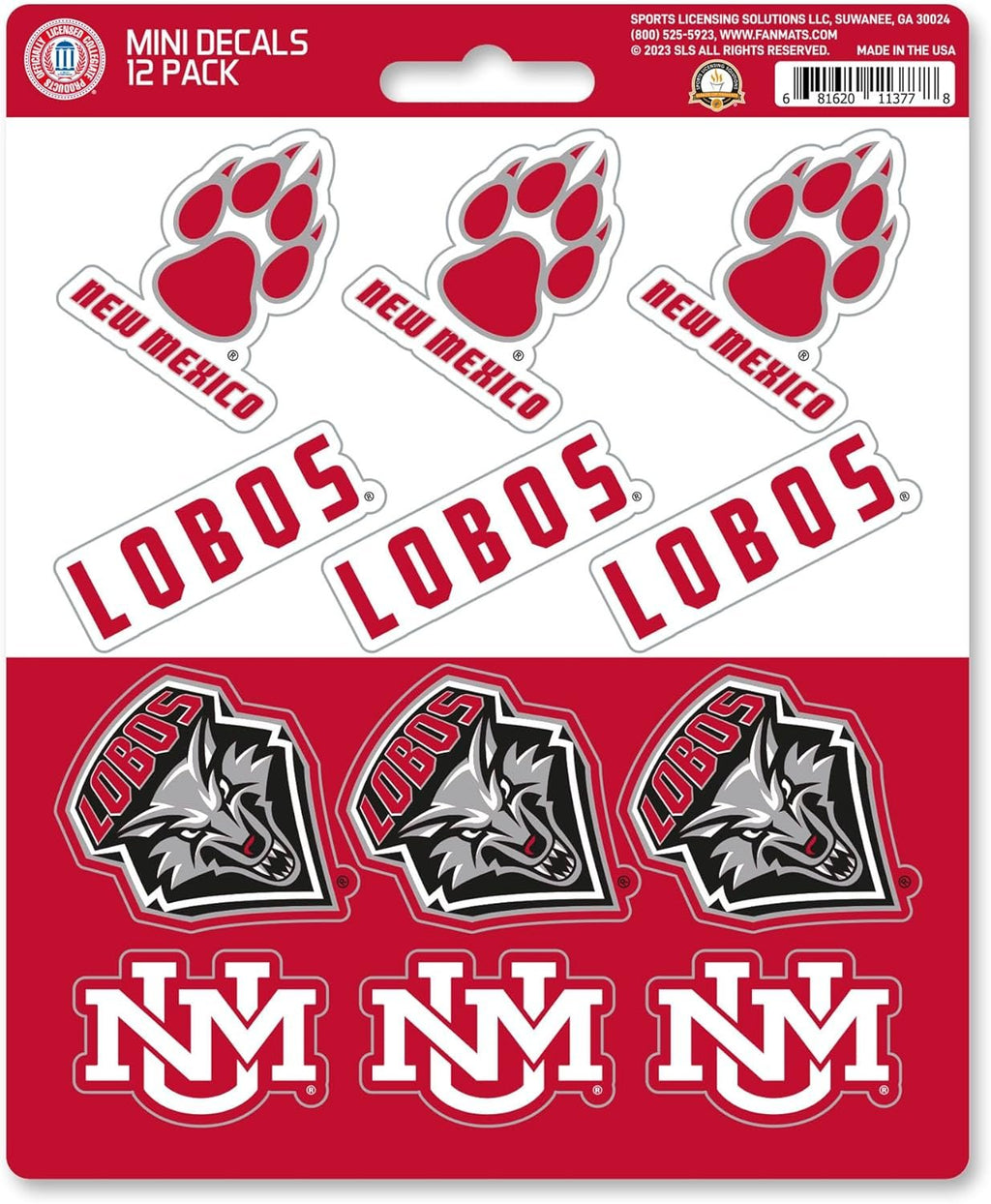 University of New Mexico Lobos 12-Piece Mini Decal Sticker Set, 5x6 Inch Sheet, Gift for football fans for any hard surfaces around home, automotive, personal items