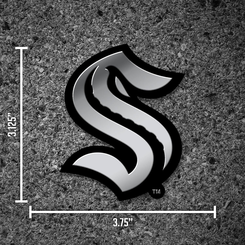 Seattle Kraken Auto Emblem, Silver Chrome Color, Raised Molded Plastic, 3.5 Inch, Adhesive Tape Backing