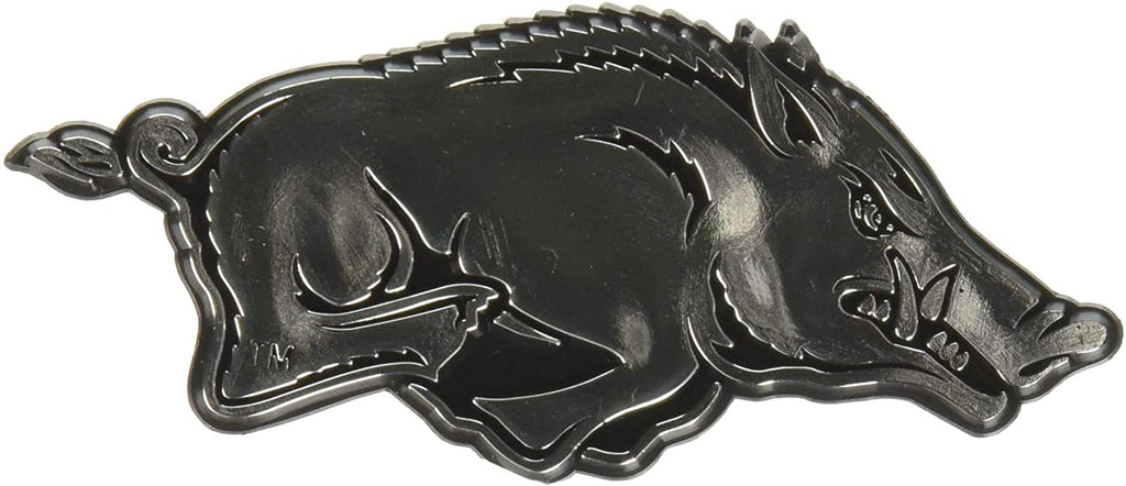 University of Arkansas Razorbacks Auto Emblem, Silver Chrome Color, Raised Molded Shape Cut Plastic, Adhesive Tape Backing