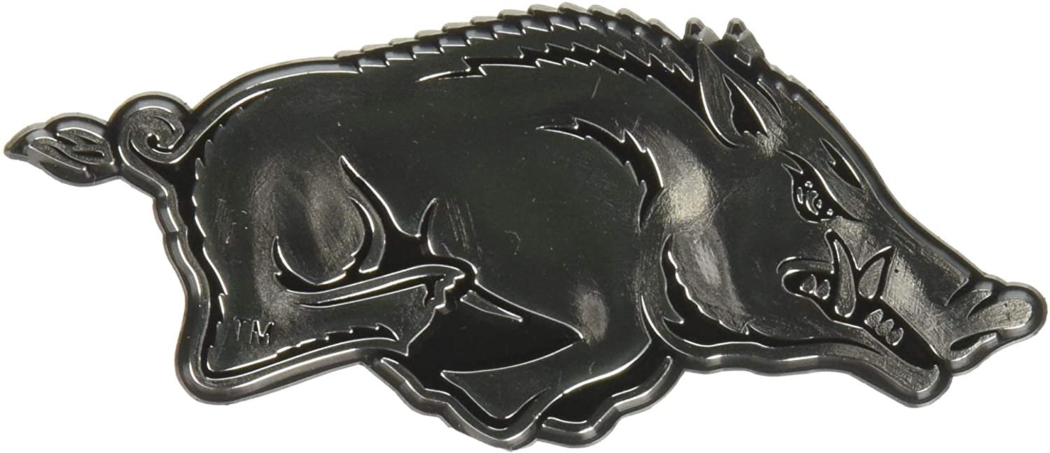 University of Arkansas Razorbacks Auto Emblem, Silver Chrome Color, Raised Molded Shape Cut Plastic, Adhesive Tape Backing