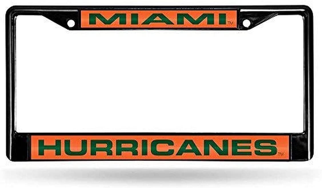 University of Miami Hurricanes Black Metal License Plate Frame Tag Cover, Laser Acrylic Mirrored Inserts, 12x6 Inch