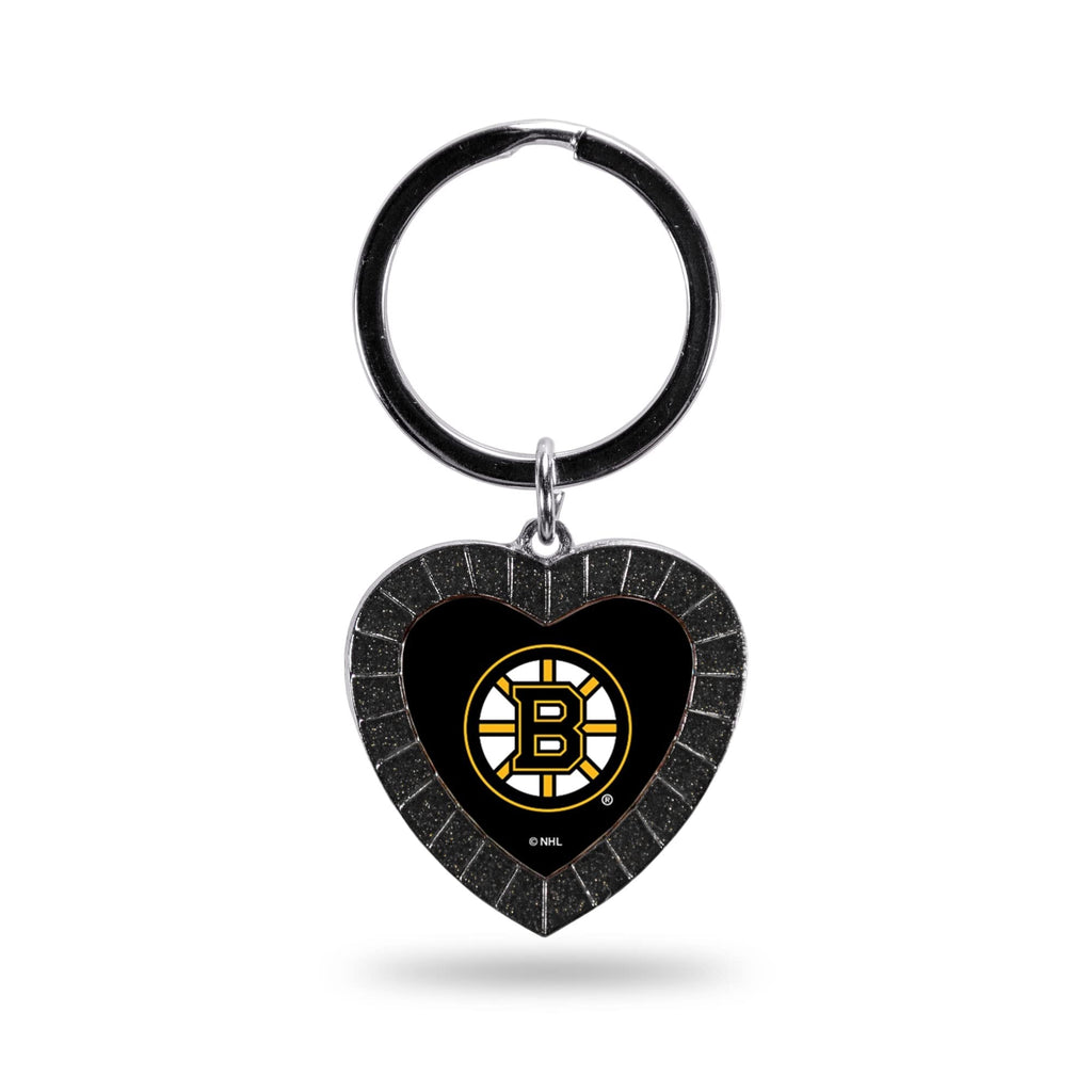 Boston Bruins Metal Keychain, Team Color Rhinestone Heart