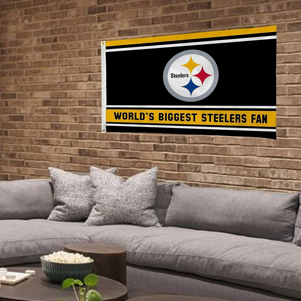 Pittsburgh Steelers 3x5 Feet Flag Banner, World's Biggest Fan, Metal Grommets, Single Sided, Indoor or Outdoor Use