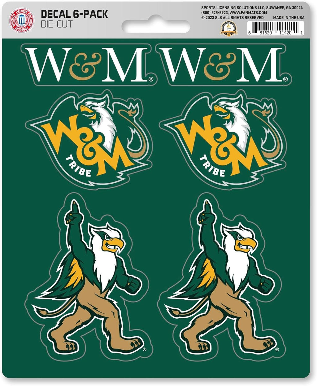 College of William & Mary Tribe 6-Piece Decal Sticker Set, 5x6 Inch Sheet, Gift for football fans for any hard surfaces around home, automotive, personal items