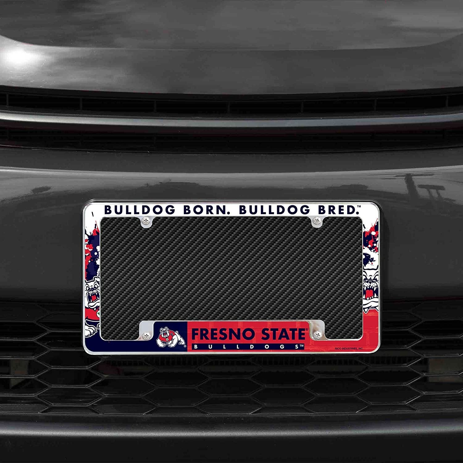 Fresno State University Bulldogs Metal License Plate Frame Chrome Tag Cover All Over Design 6x12 Inch