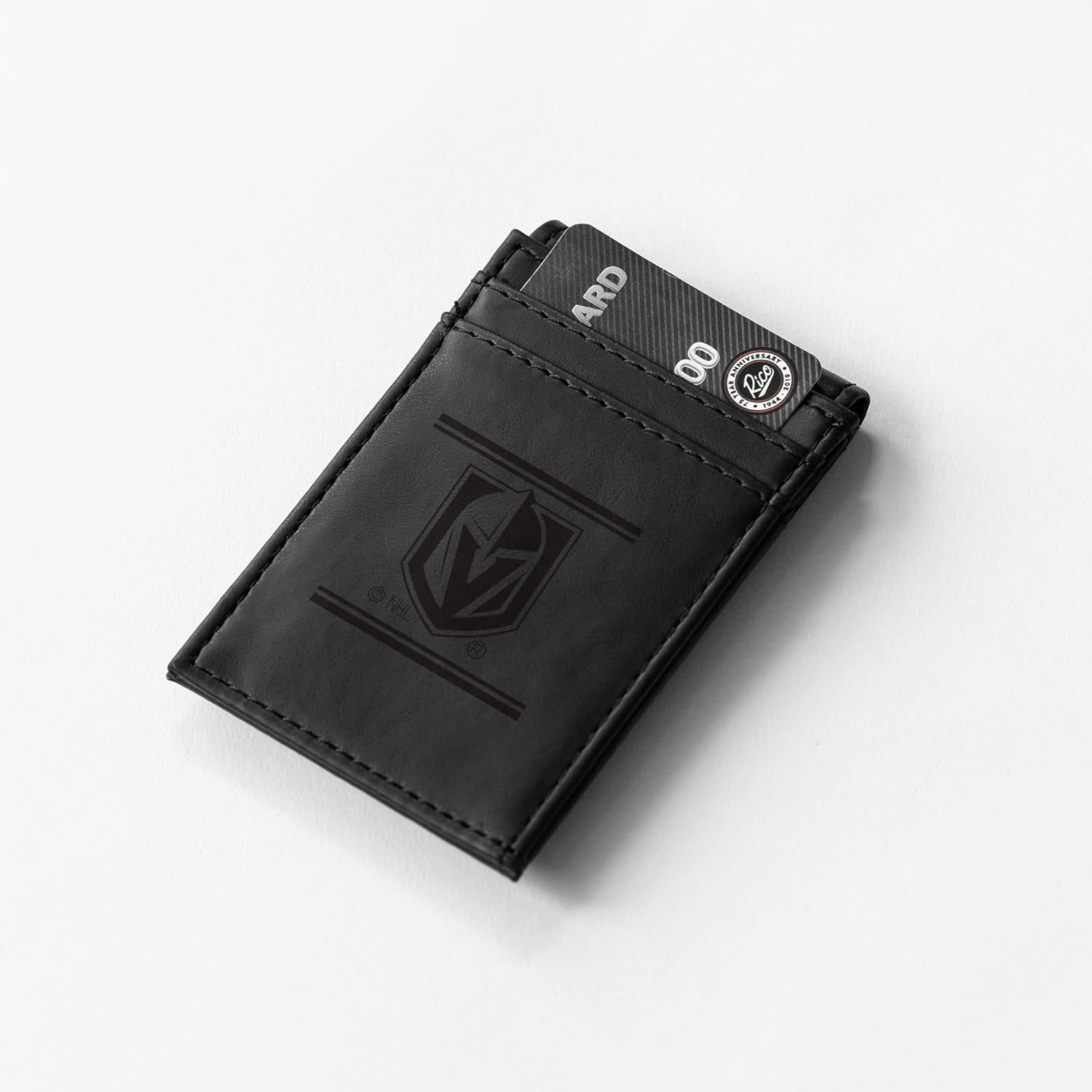 Vegas Golden Knights Premium Black Leather Wallet, Front Pocket Magnetic Money Clip, Laser Engraved, Vegan