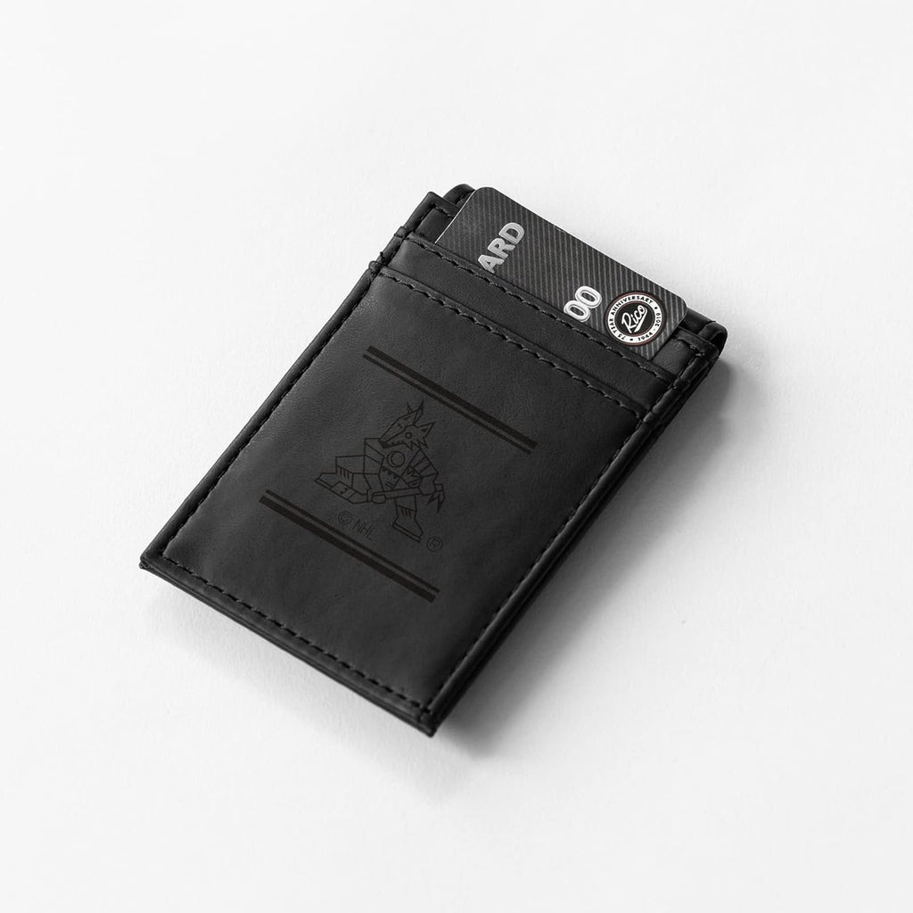 Arizona Coyotes Premium Black Leather Wallet, Front Pocket Magnetic Money Clip, Laser Engraved, Vegan