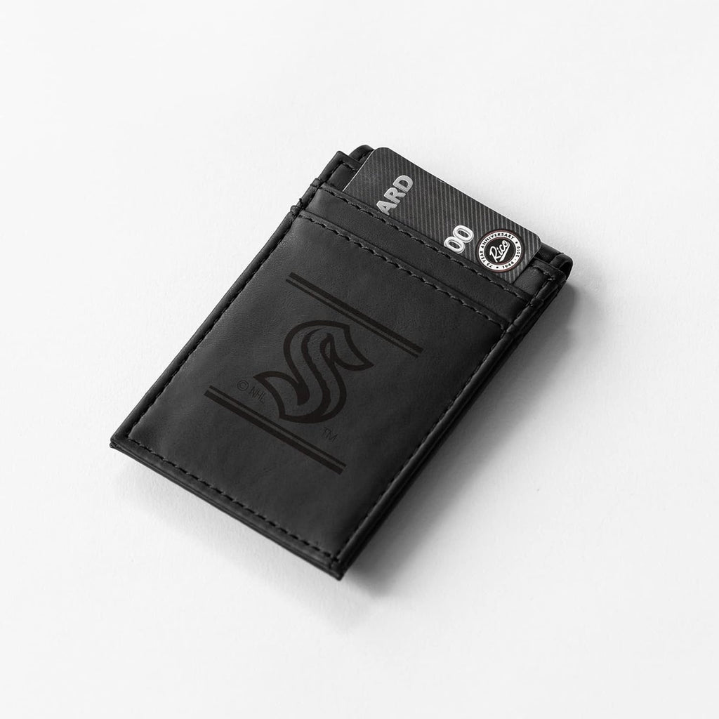 Seattle Kraken Premium Black Leather Wallet, Front Pocket Magnetic Money Clip, Laser Engraved, Vegan