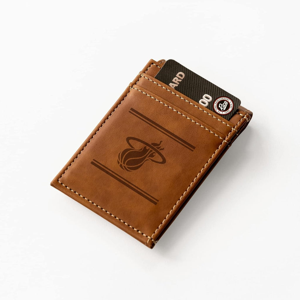 Rico Industries NBA Miami Heat Premium Laser Engraved Vegan Brown Leather Front Pocket Wallet - Compact and Slim yet Sturdy Design - Perfect to Show Your Team Pride or Gift