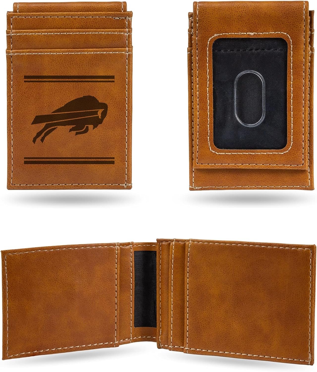 Rico Industries NFL Buffalo Bills Premium Laser Engraved Vegan Brown Leather Front Pocket Wallet - Compact and Slim yet Sturdy Design - Perfect to Show Your Team Pride or Gift