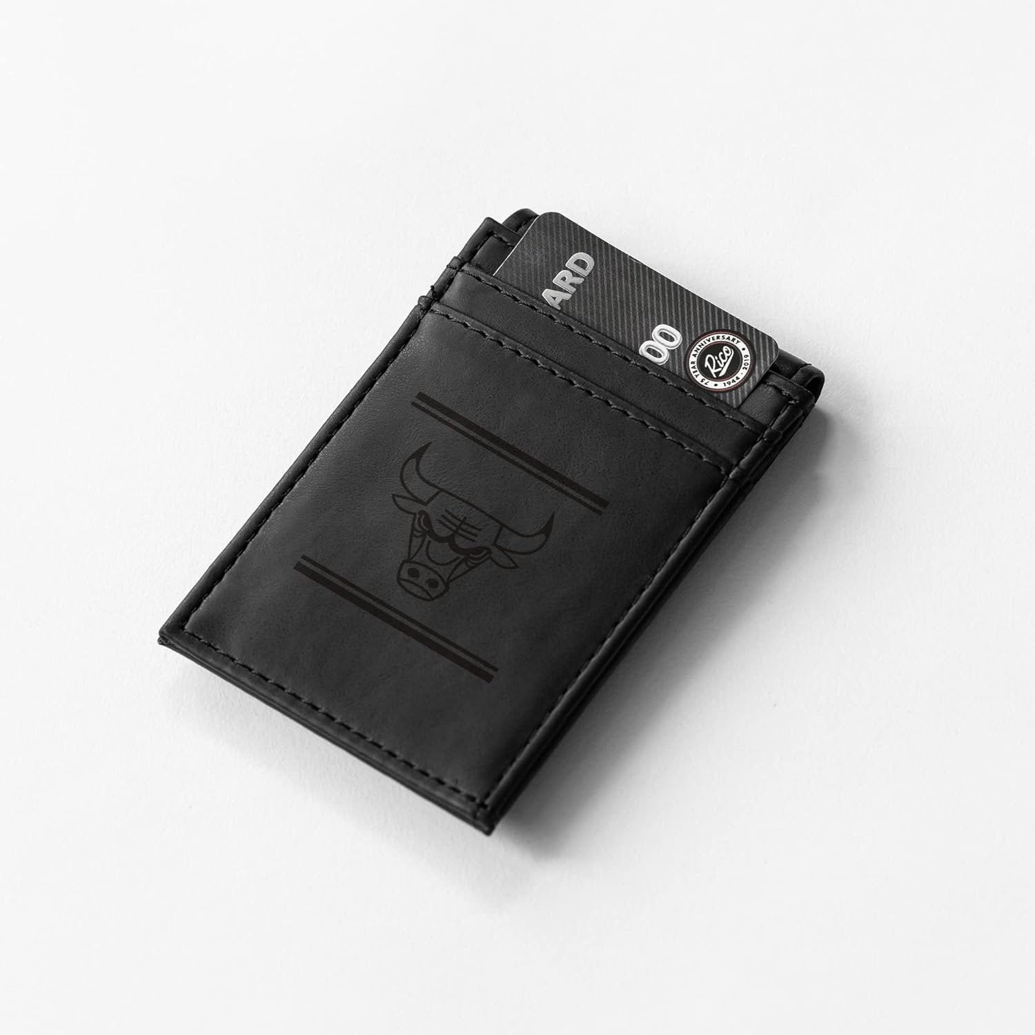 Chicago Bulls Premium Black Leather Wallet, Front Pocket Magnetic Money Clip, Laser Engraved, Vegan
