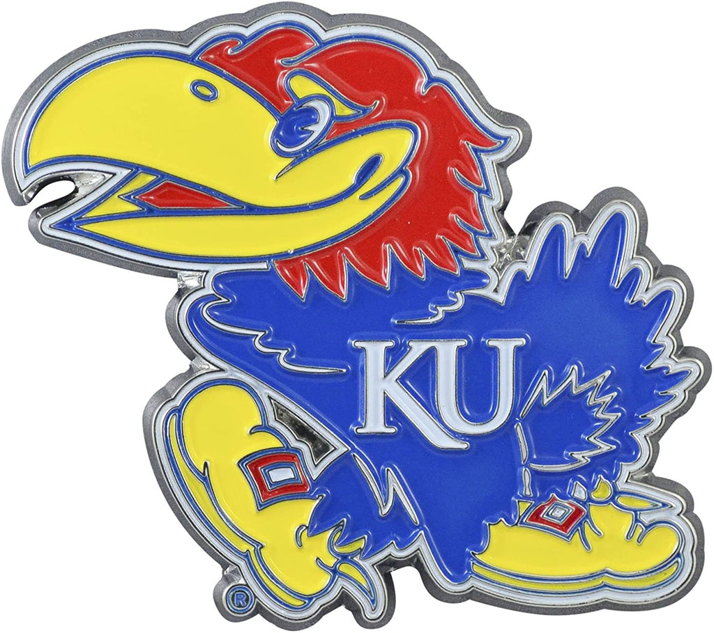 University of Kansas Jayhawks Premium Solid Metal Raised Auto Emblem, Team Color, Shape Cut, Adhesive Backing