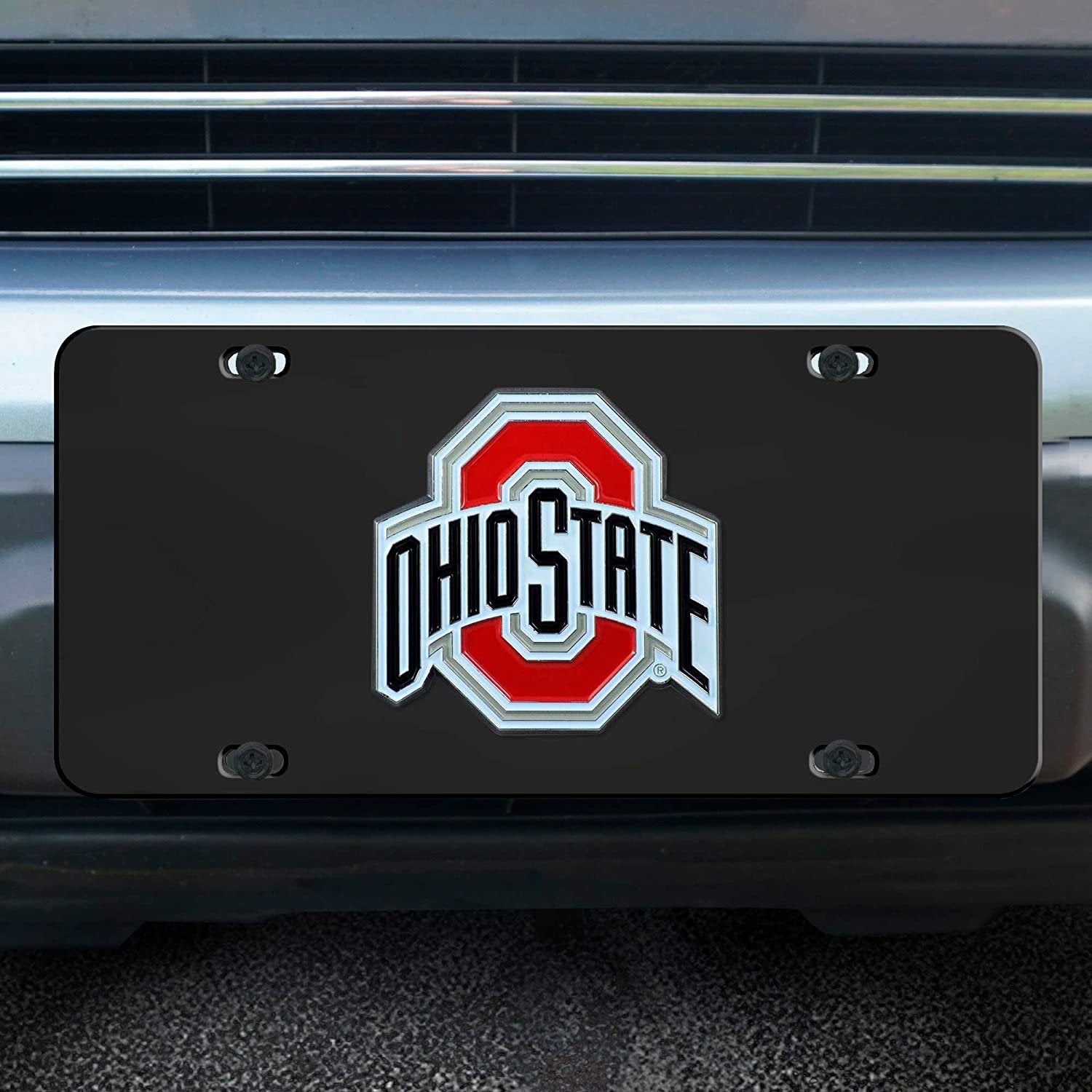 Ohio State University Buckeyes Metal License Plate Tag Die Cast 3D Black Stainless Steel