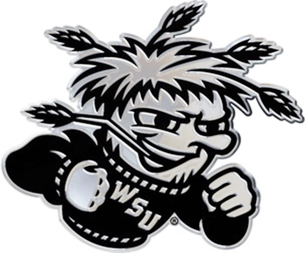 Wichita State University Shockers Premium Solid Metal Raised Auto Emblem, Shape Cut, Adhesive Backing