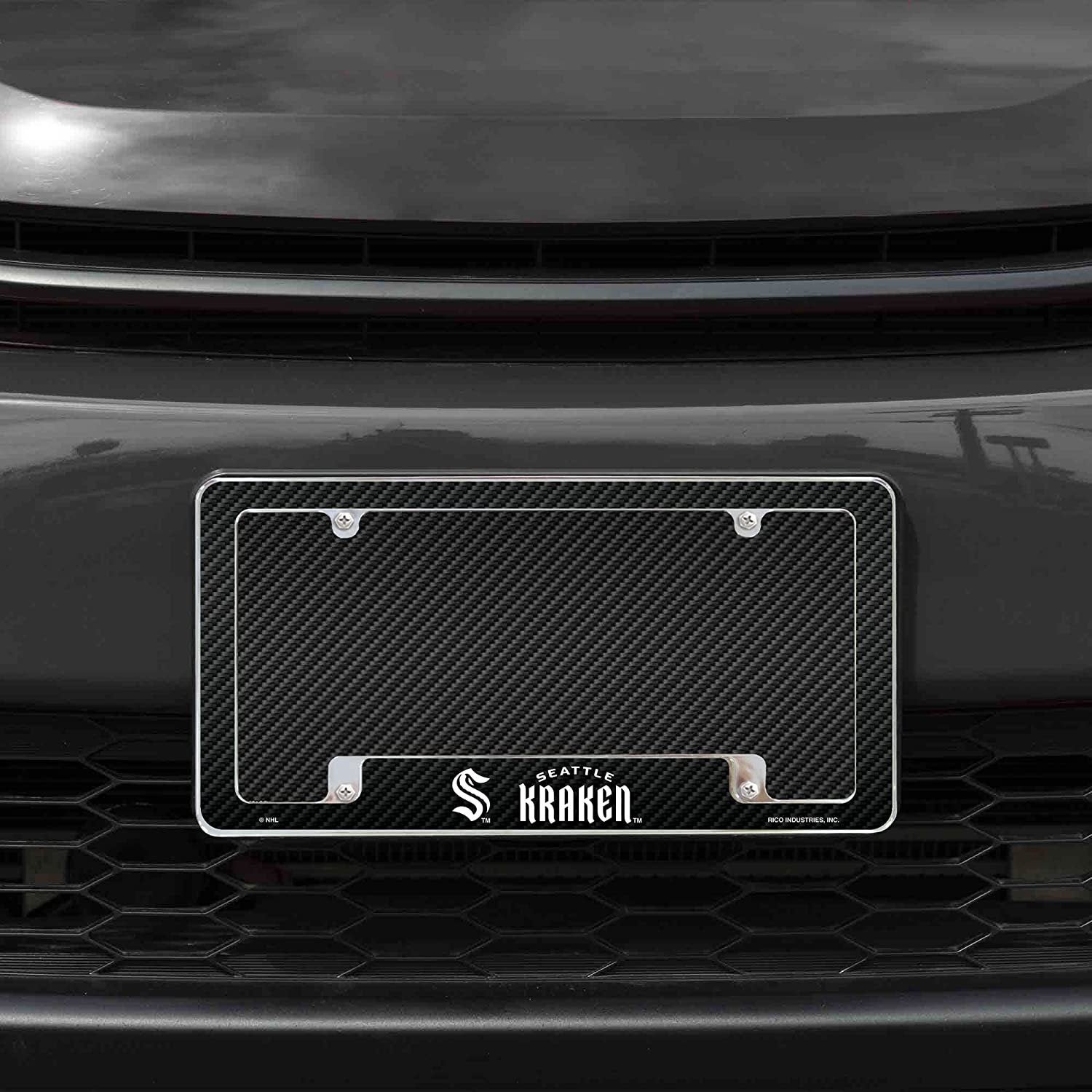 Seattle Kraken Metal License Plate Frame Chrome Tag Cover Carbon Fiber Design 6x12 Inch