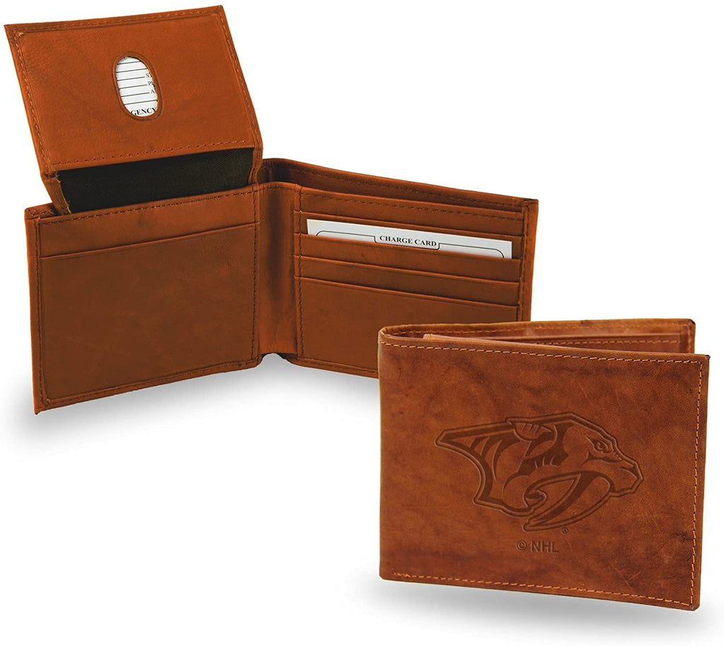 Nashville Predators Premium Brown Leather Wallet, Bifold Billfold, Embossed Laser Engraved